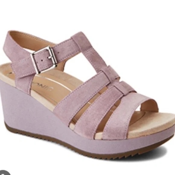 VIONIC Sandal Womens 9 Suede Wedge Mauve HOOLA TAWNY Platform T-Strap Casual - Picture 1 of 12